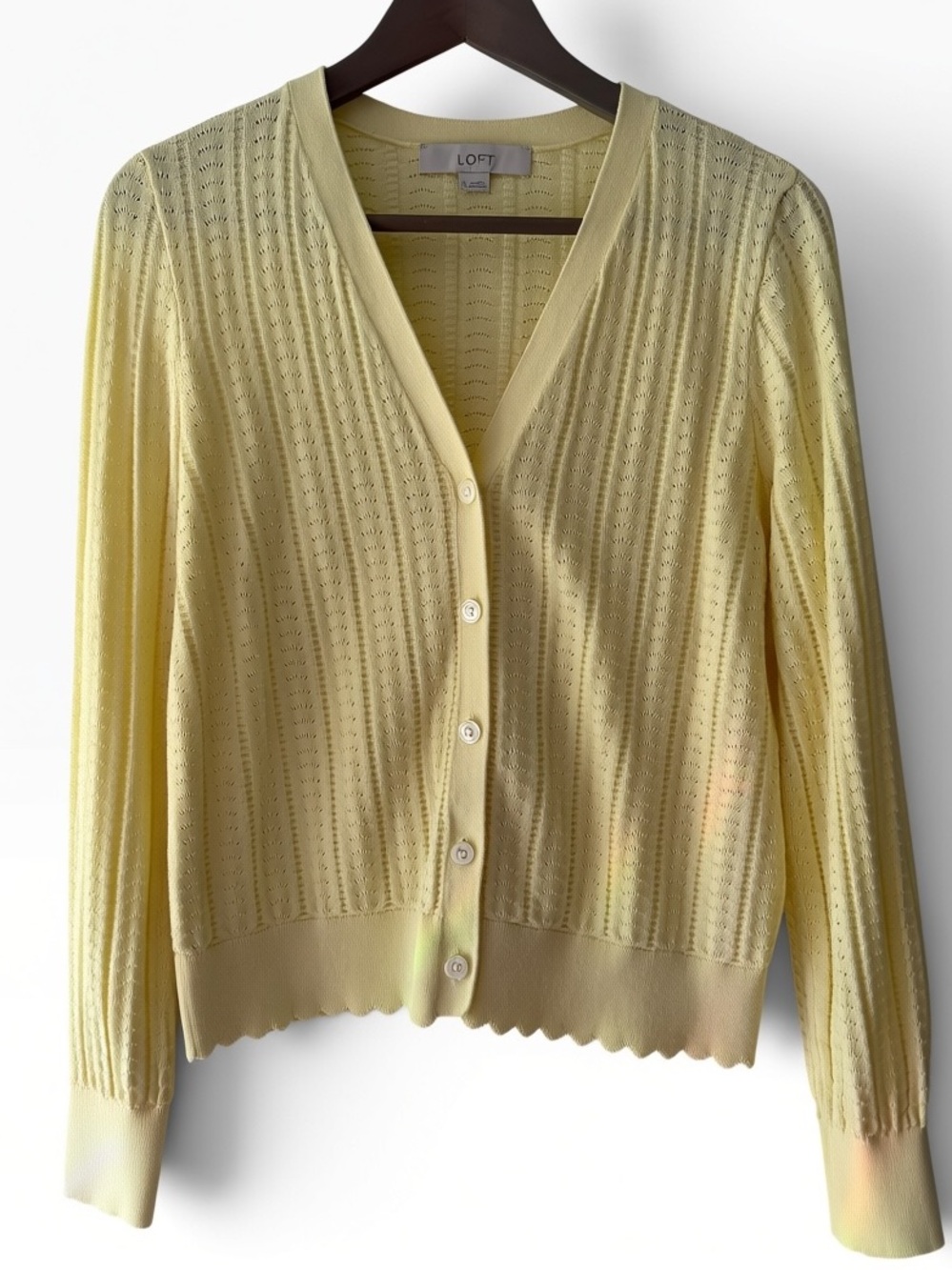 LOFT Pale Yellow Scalloped Pointelle V-Neck Cardigan Sweater M